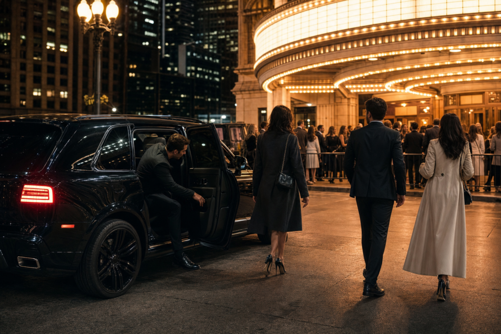 Black luxury SUV dropping a group at a lit Chicago concert arena entrance at night — Maven's Choice concert transportation